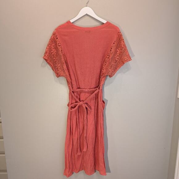 LUSH Coral Lace Midi Dress CottageCore BeachCore Brunch Spring Summer - Size M - Picture 2 of 6